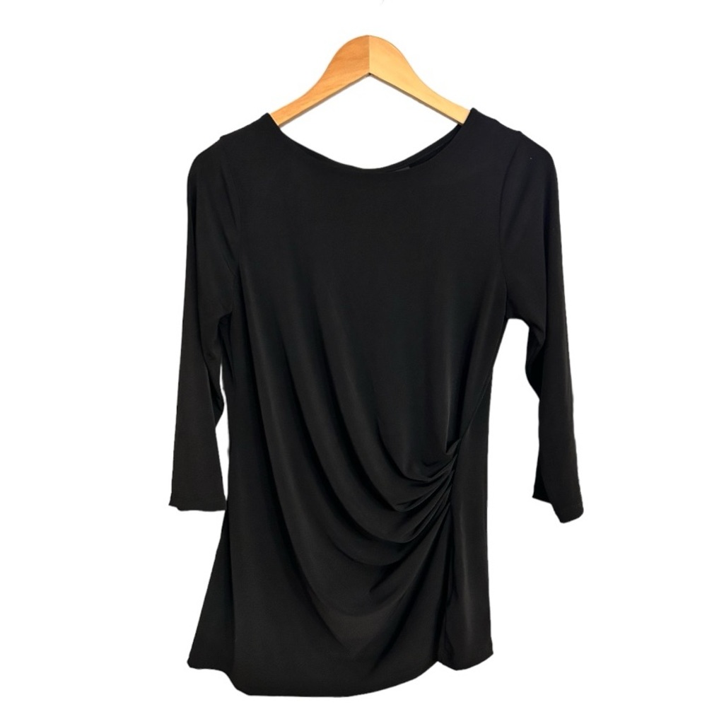 Tahari - Long sleeve black top - Medium - Asymmetrical ruching detail
